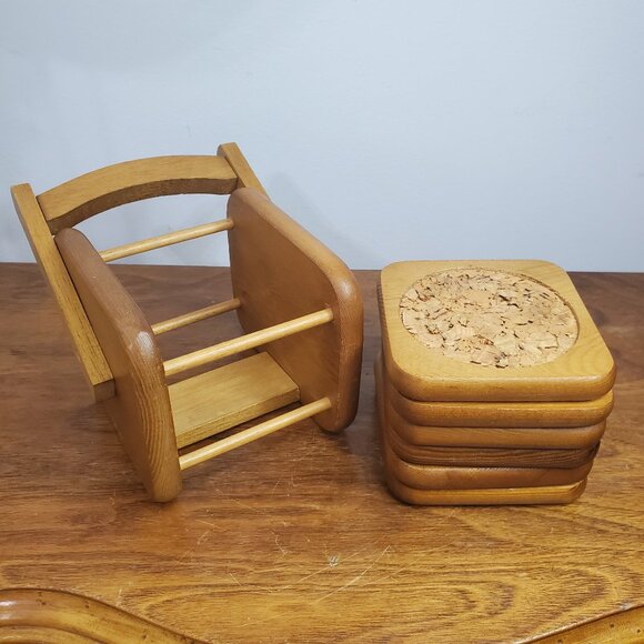 Vintage Wooden Coaster Set with Holder – 6 Cork-Insert Coasters, Mid-Century Rus - Picture 1 of 10